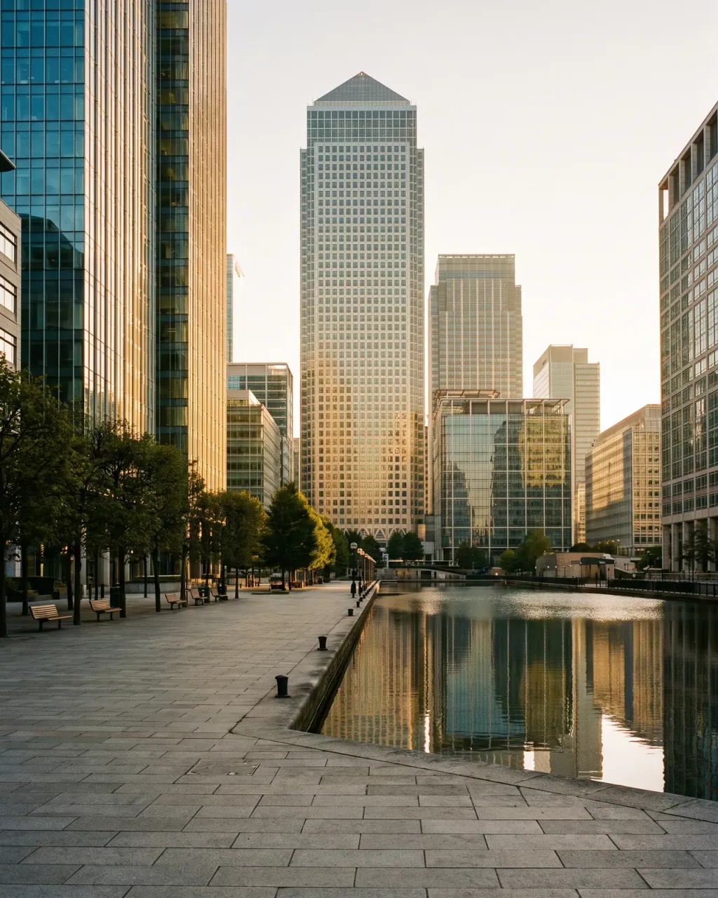 The One Canada Square tower rising above the Canary Wharf dock, with a paved quayside and tree-lined benches at sunrise