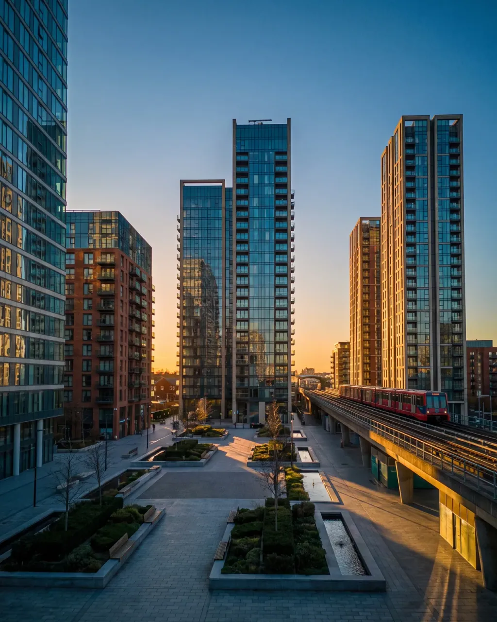 New-build glass and brick apartment towers around a landscaped square in Canning Town, with a red DLR train on the elevated track