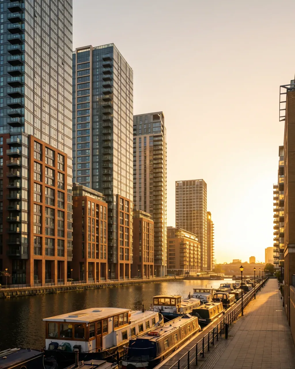 Brick and glass residential towers along a Crossharbour dock lined with moored narrowboats and a quayside walkway at sunset