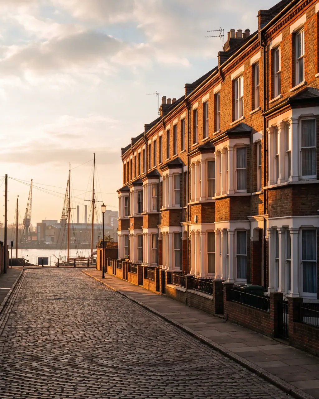 A cobbled Cubitt Town street of Victorian brick terraced houses with bay windows, tall ships' masts and dock cranes beyond
