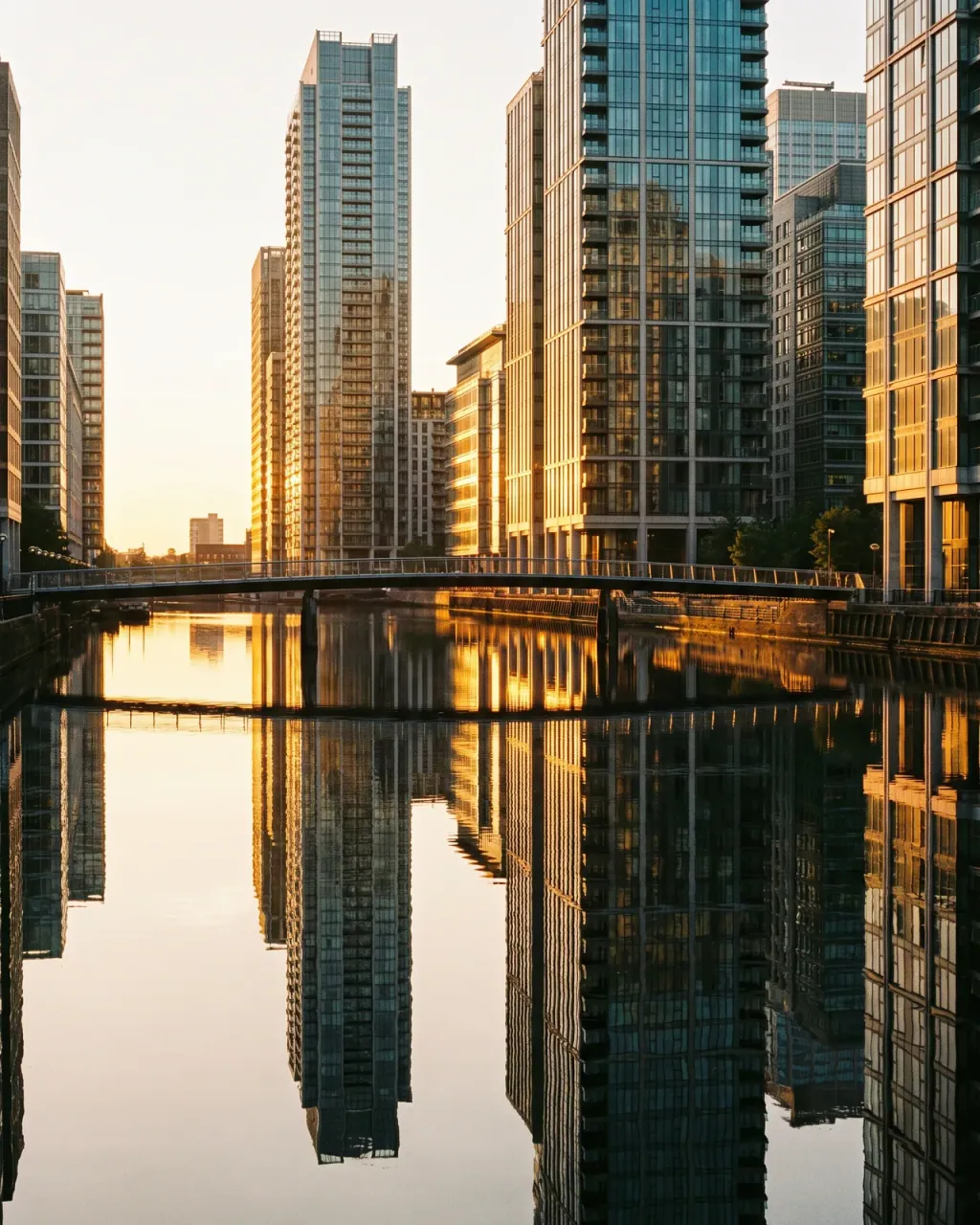 Glass apartment towers flanking a still Heron Quays dock, crossed by a low pedestrian footbridge and mirrored in the water