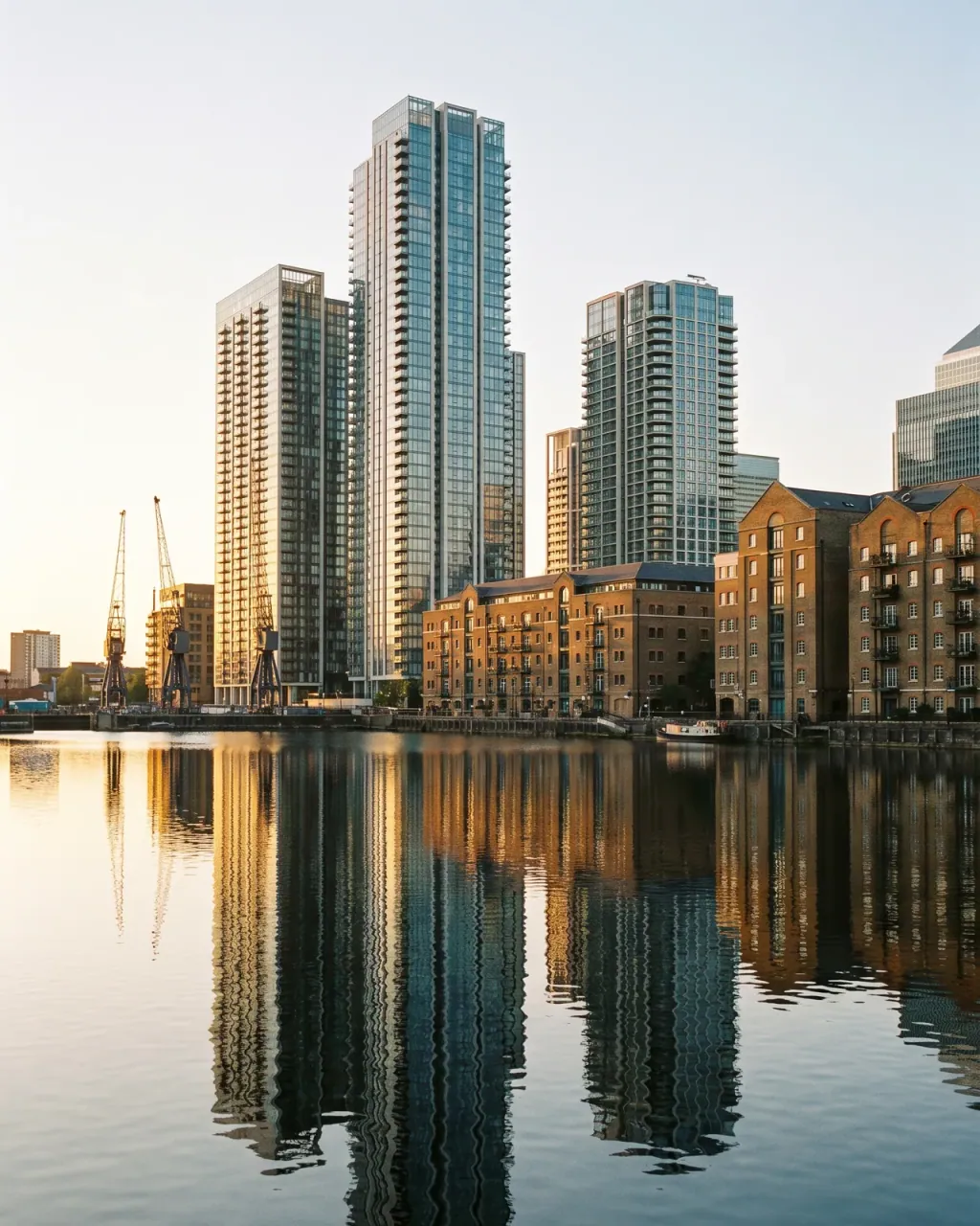 Isle of Dogs glass towers and restored brick dock warehouses with historic quayside cranes, reflected in the dock water