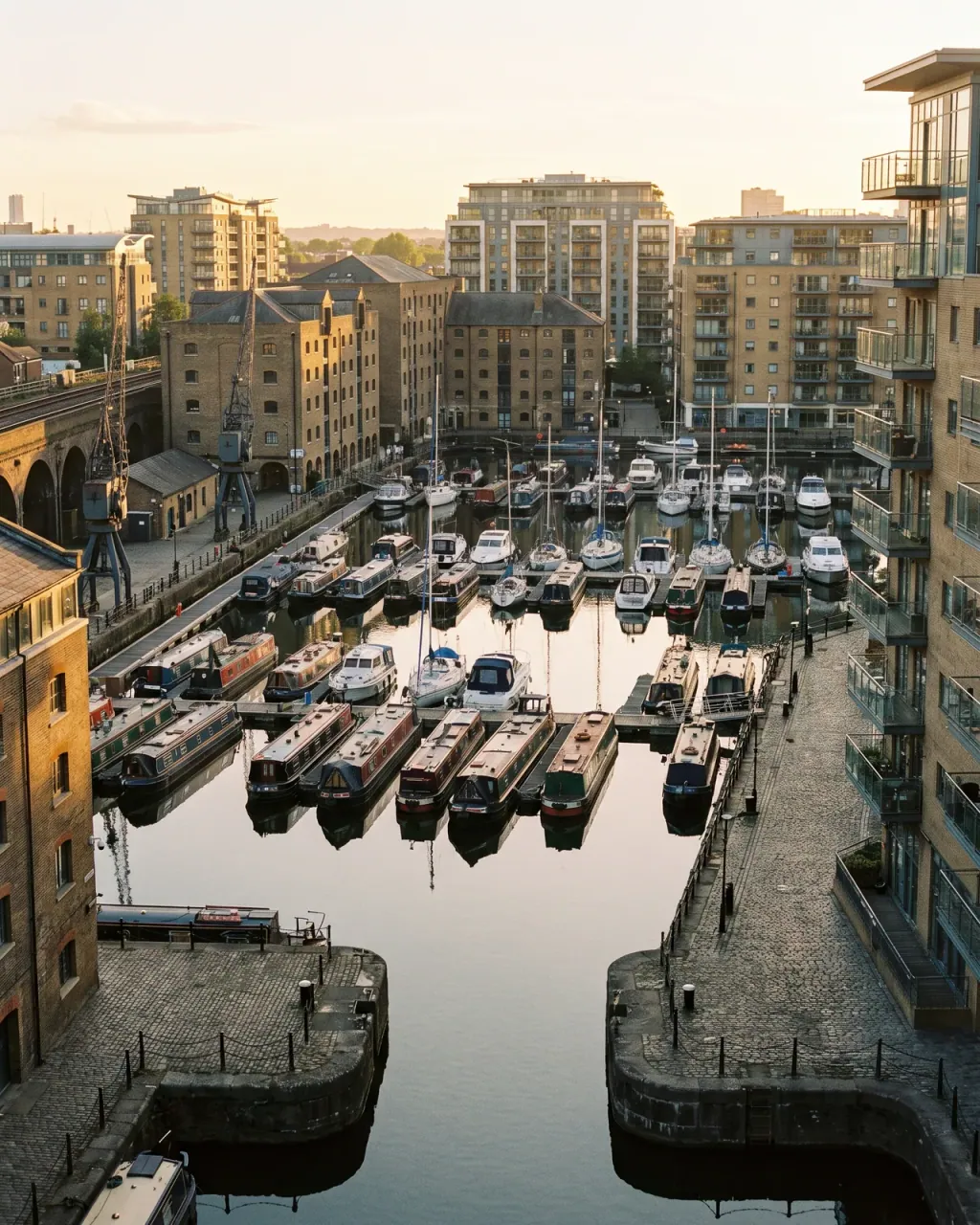Limehouse Basin marina full of moored narrowboats and yachts, ringed by warehouse conversions, apartment blocks and old dock cranes