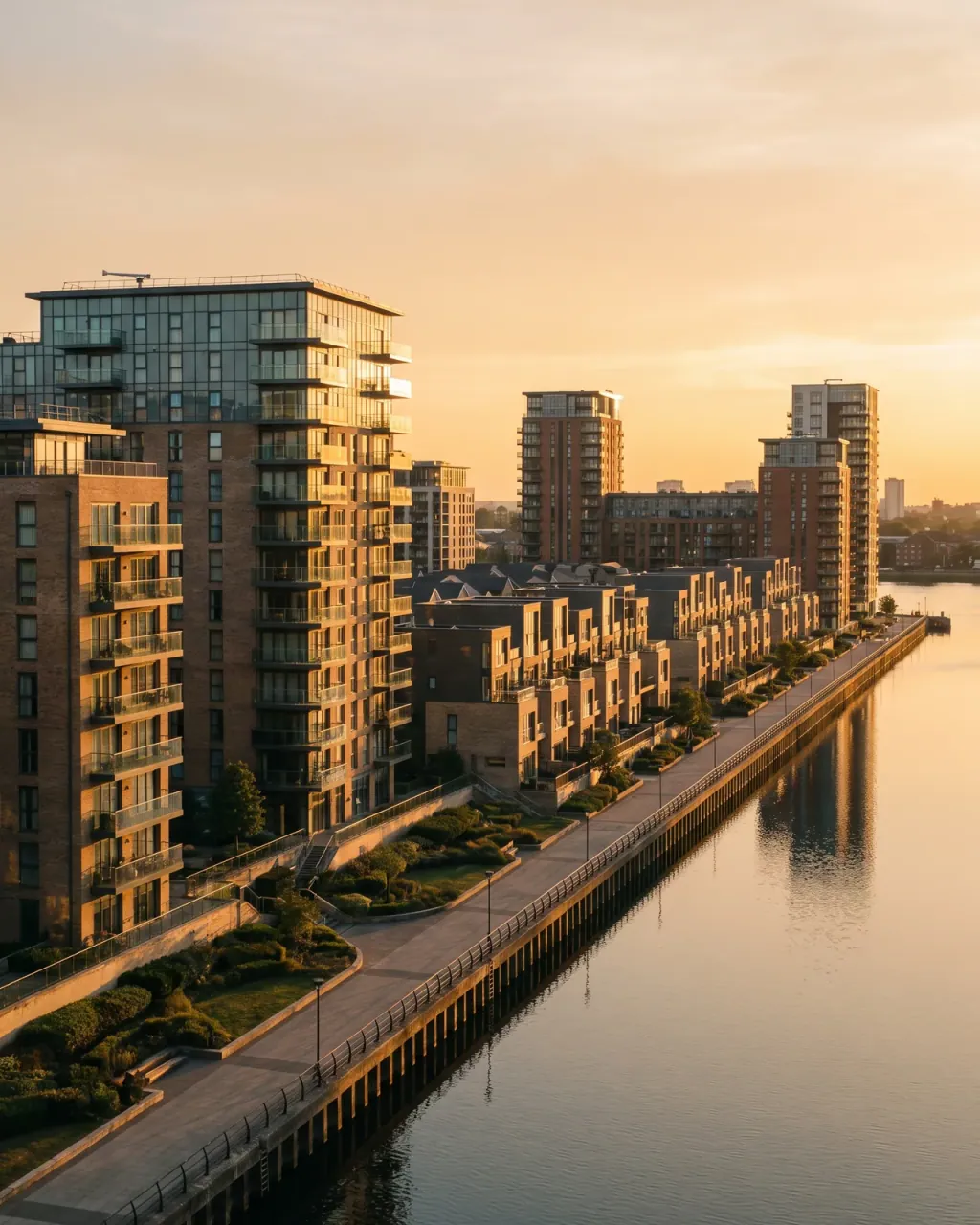 Waterfront brick apartment blocks and townhouses along a Millwall riverside walkway beside the Thames at sunset