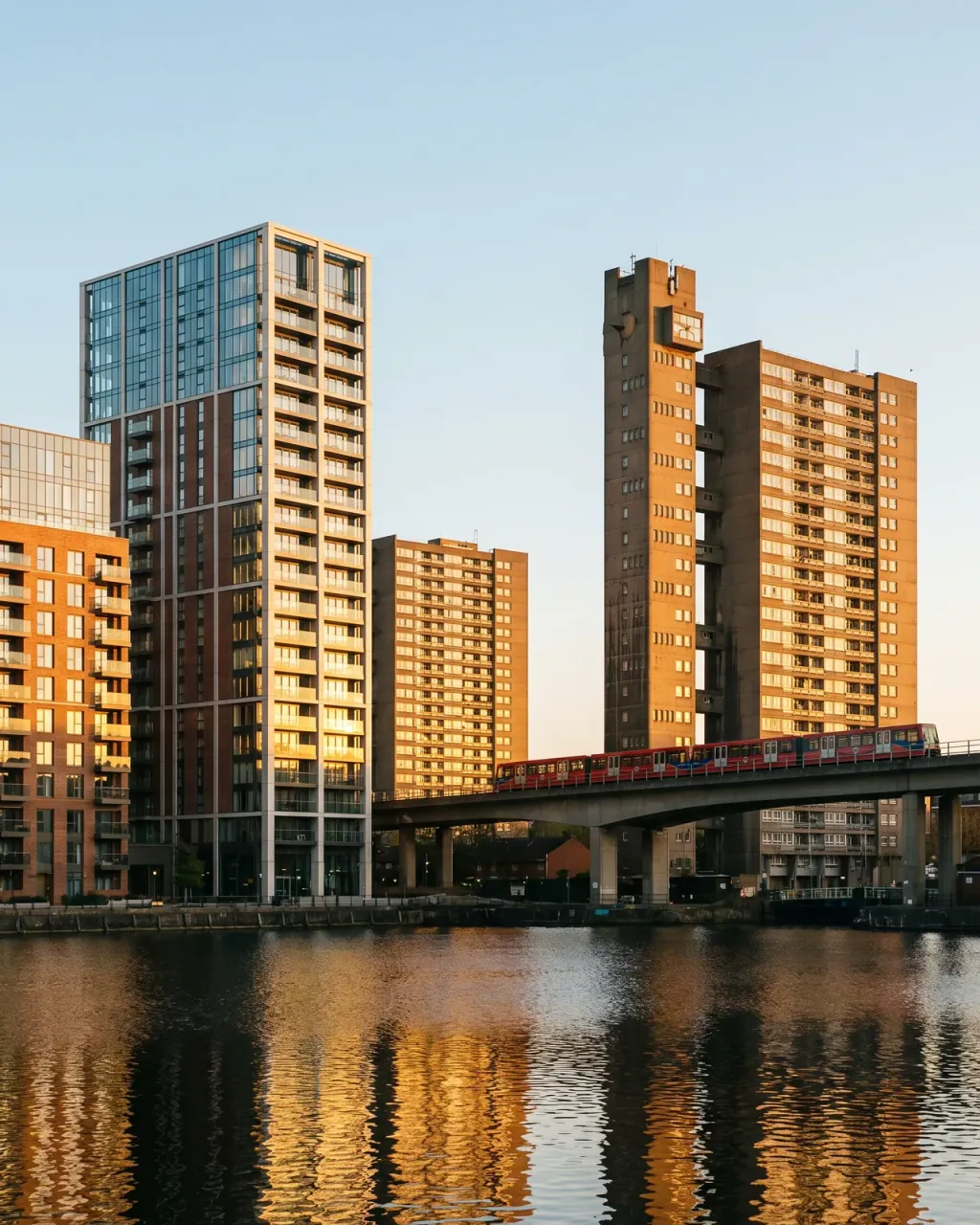 A Poplar skyline of new residential towers, brutalist estate blocks and a red DLR train on an elevated viaduct, reflected in the dock