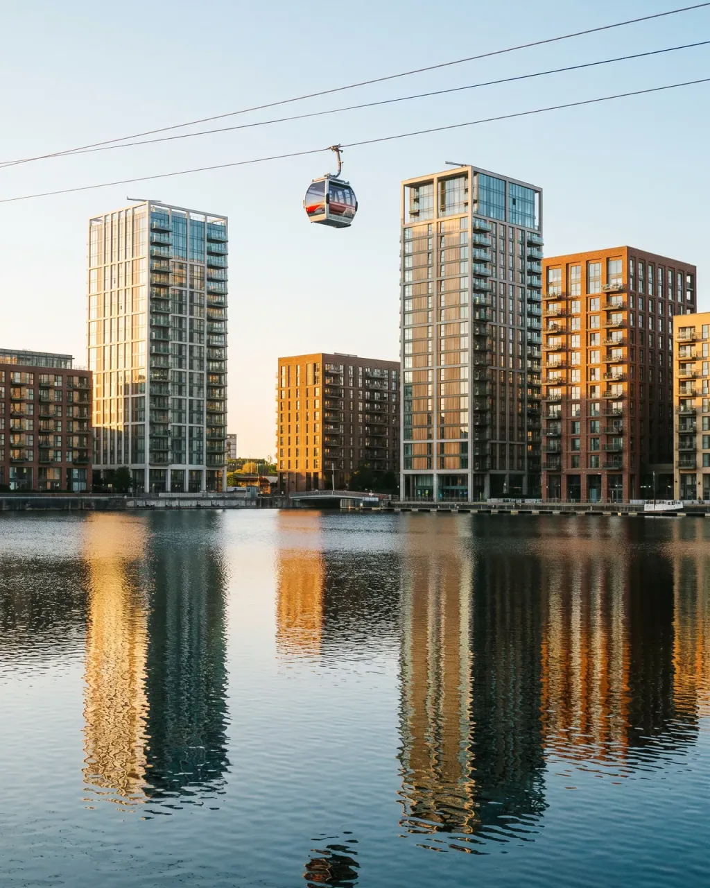 New waterfront apartment blocks reflected in a Royal Docks basin, with an IFS Cloud cable car cabin crossing overhead