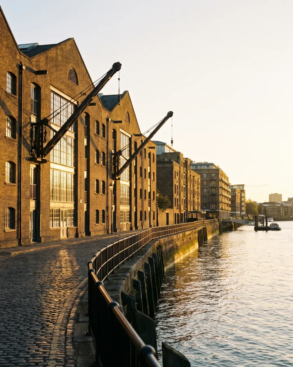 Converted Victorian brick wharf warehouses with original wall cranes along a cobbled Wapping riverside path at sunset