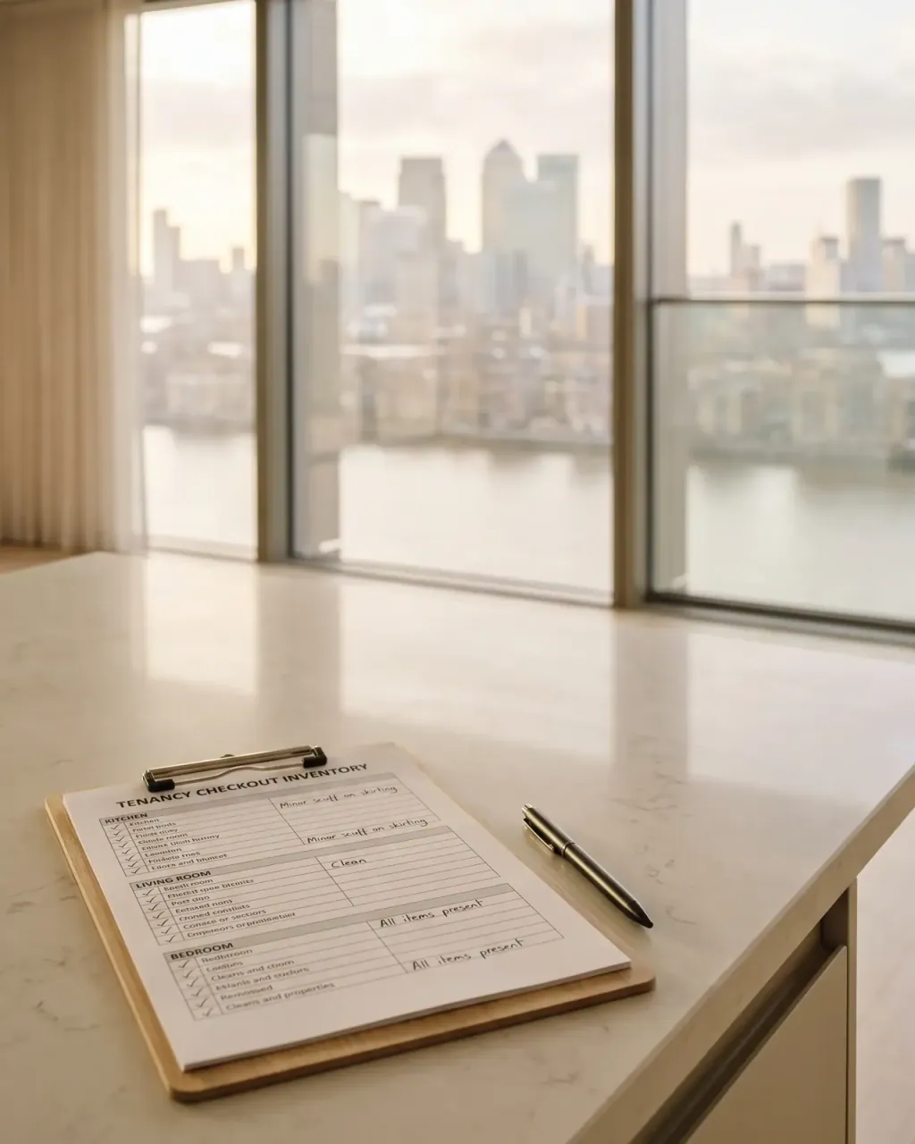 A wooden clipboard holding a tenancy checkout inventory form with a pen on a stone worktop, the Canary Wharf skyline through the window