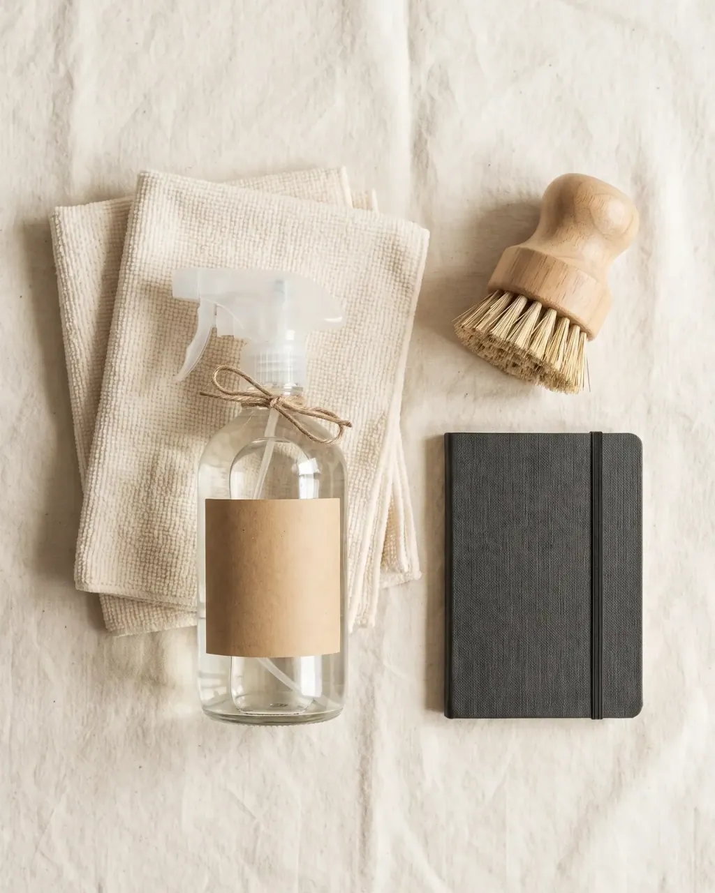 Top-down editorial flat-lay of a Canary Wharf end of tenancy cleaning kit: cream microfibre cloths, glass spray bottle, sage green rubber gloves, wooden brush, brass key on leather fob