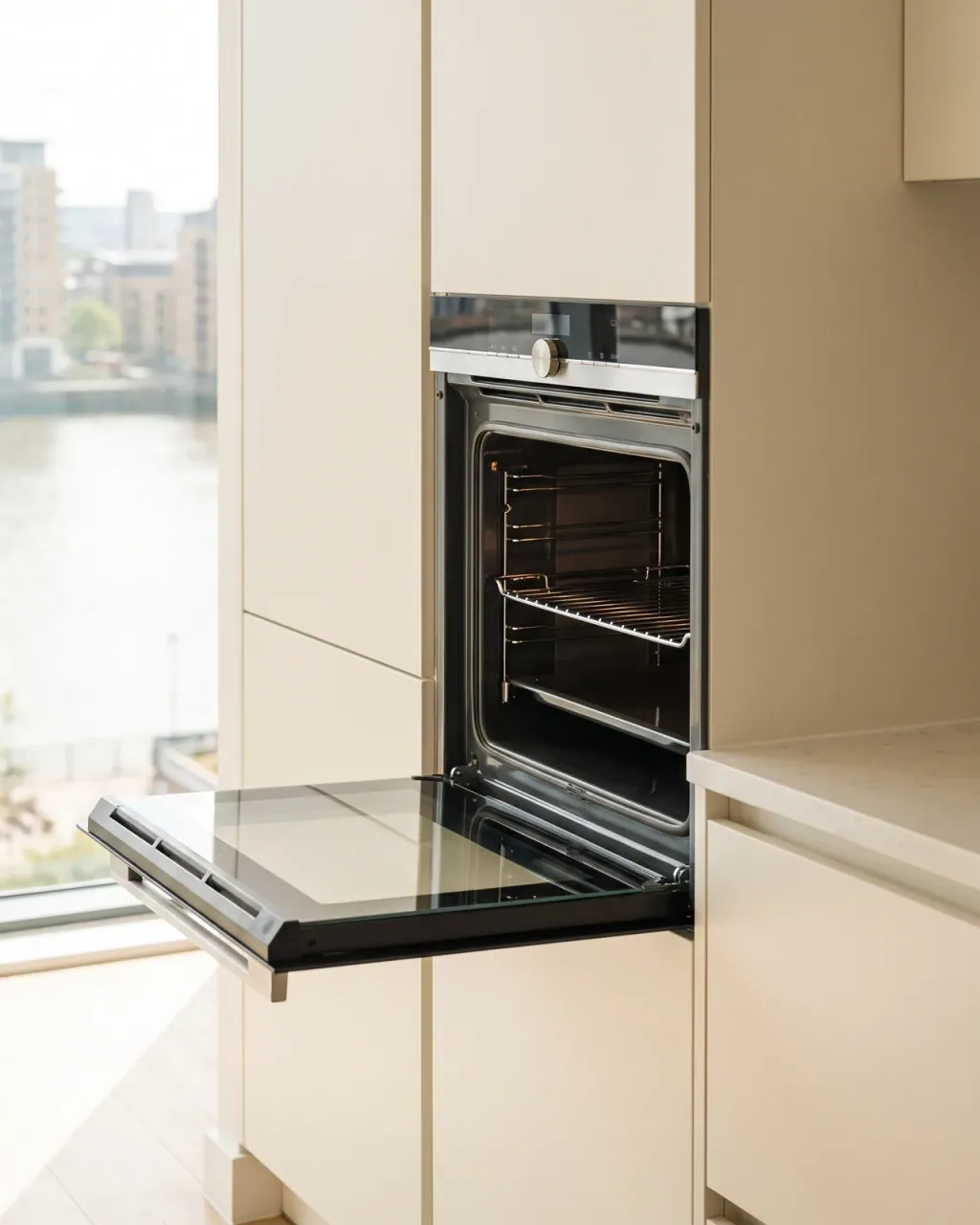 An integrated wall oven with its door open and racks showing, set in a cream Docklands kitchen with a river view