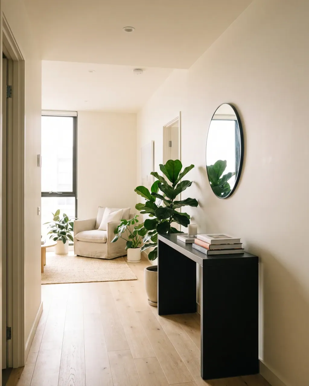 A bright Canary Wharf entrance hall after an end of tenancy clean, with a black console, round mirror and a leafy plant opening onto a living room